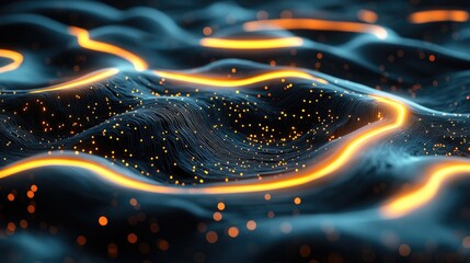 Abstract glowing lines on dark surface, possible data visualization