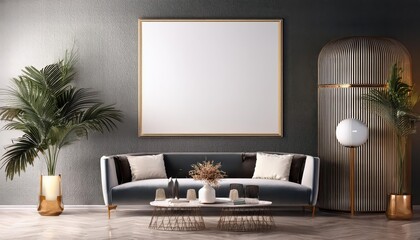 Art Deco Style 3D Render Living Room Mockup Poster Frame in Modern Interior Background Illuminating an Elegant and Vintage Ambiance with Geometric Shapes and Rich Textures