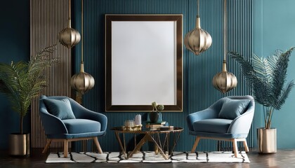 Art Deco Elegance 3D Illusion of a Stylish Poster Frame Intricately Displayed in a Contemporary Living Room Interior, Radiating Luxury and Sophistication.