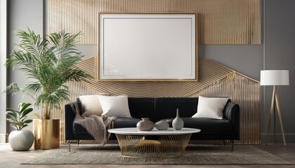 Art Deco Elegance 3D Rendered Mockup Poster Frame in Modern Living Space, Illuminated by Vintage Glamour and Intricate Geometry