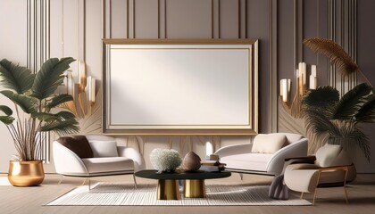 Art Deco 3D Render Modern Interior Living Room Poster Frame in Vibrant Art Deco Background, Stunning 3D Illusion, Perfect for Digital Art, Home Decor, or Design Inspiration