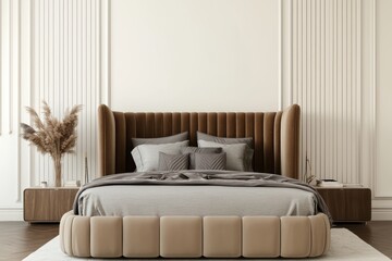 Beige bedroom with large central bed, ivory wall, modern linen.