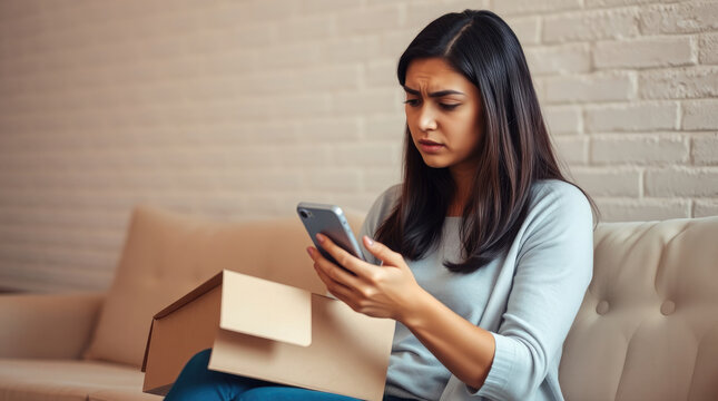 Concerned woman holding smartphone and checking delivery box she received in living room.