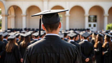 Obraz premium Graduates in Black Gowns Standing in Front of Arched Building at Ceremony