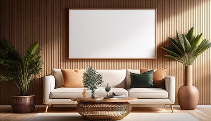 Minimalistic 3D Render of a Mock Up Poster Frame in a Modern Interior Background, Evoking Tranquility and Elegance with Monochrome Palette and Sleek Design Elements.