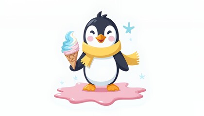 Naklejka premium Adorable Pixel Art Penguin in Yellow Scarf Holding Ice Cream Cone