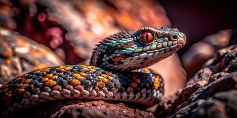 Fototapeta premium Sharp focus reveals the exquisite detail of a Milos viper, a rare endemic snake from Milos Island, captured in beautiful nature photography.