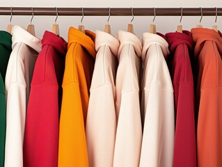 A colorful array of shirts neatly hanging on a rack, showcasing various shades and styles, perfect for a stylish wardrobe.