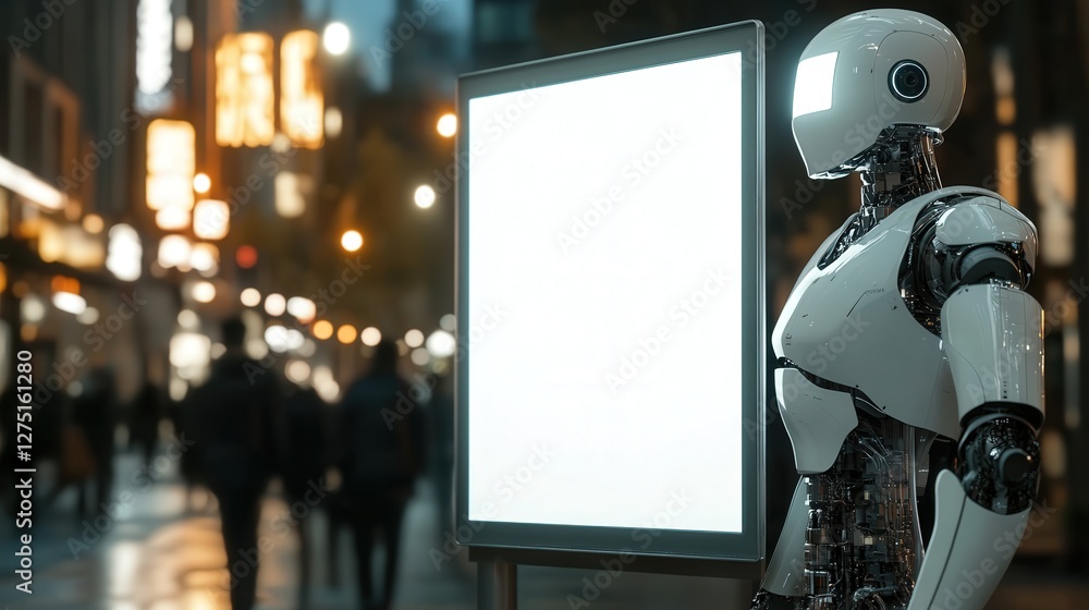 Poster humanoid robot with advanced ai features, standing next to a blank white led display board, ready fo