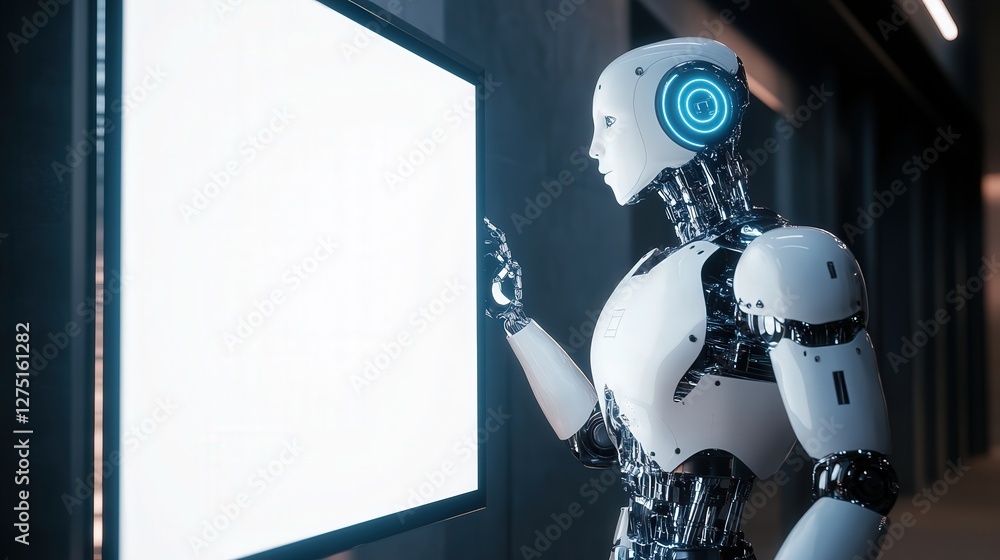 Poster humanoid robot with advanced ai features, standing next to a blank white led display board, ready fo