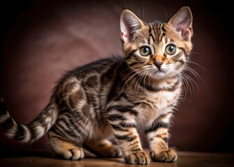 Obraz premium Side profile of an adorable brown tabby American Shorthair kitten, beautifully photographed against a white background in panoramic view.