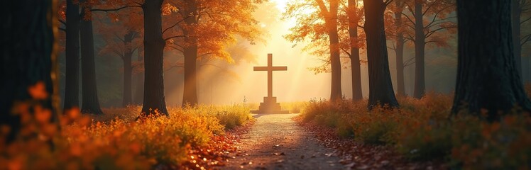 Picturesque forest path leads to sunlit cross. Autumn nature serene landscape with mystical dusk light. Spiritual journey faith, religion, christianity. Calming peaceful scene for contemplation,