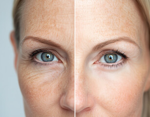 before and after woman's face with wrinkles, freckles, and cosmetic laser treatment looking younger	
