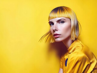 White woman with a hime haircut, intense gaze, yellow background, edgy modern aesthetic