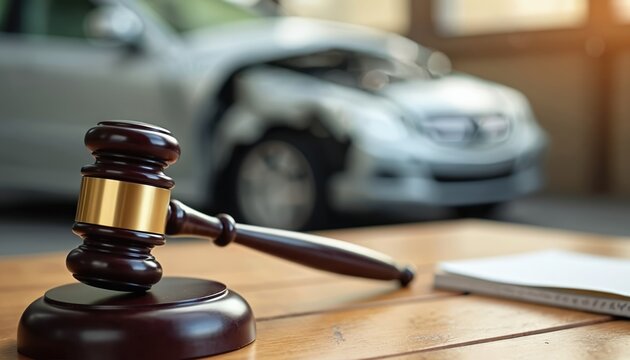 Judge gavel with car accident concept, insurance claim. Legal proceedings, court case with vehicle damage, liability, compensation issues. Law and justice representation. - Powered by Adobe