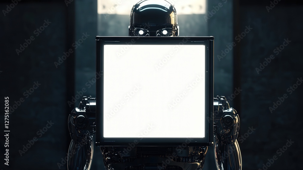 Poster humanoid robot with sleek metal features and a blank led board in front of it, offering a glimpse in