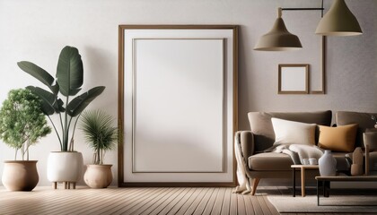 3D Scandinavianstyle Living Room Mockup in Modern Interior Background, Showcasing Minimalistic Elegance and Warmth with a Hint of Industrial Chic, Perfect for Digital Art, Home Decor, or Design