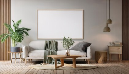Stylish Scandinavian Living Room 3D Render Modern Interior Design in Warm Wood and Minimalistic Neutrals, Evoking a Cozy and Inviting Ambiance