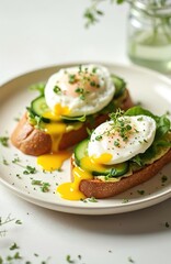 Bruschetta with poached egg, cucumber, microgreens for healthy breakfast on white plate. Delicious open sandwich with yolk and green sprouts. Healthy eating and diet.
