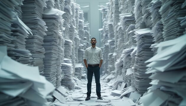 Man stands surrounded by massive piles of documents. Concept of paperwork overload, bureaucracy, stress at work, information chaos, office routine, document management issues.