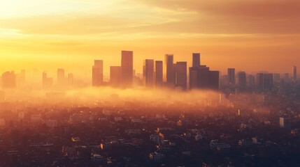 Fototapeta premium Misty sunrise cityscape, aerial view, hazy skyline, urban development, promotional use