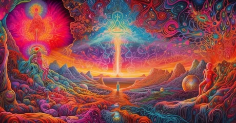 Fototapete A psychedelic landscape with neon swirls, fractal figures, and cosmic elements. A glowing portal symbolizes transformation amid mystical symbols, surreal planets, and morphing organic forms.  © dani