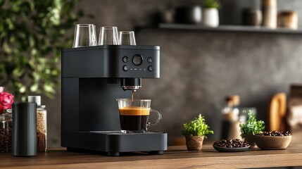 Espresso machine brewing coffee in modern kitchen