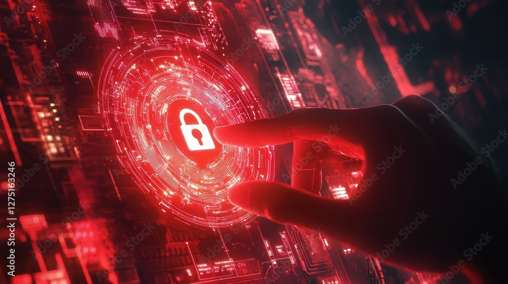 Aufkleber modern cybersecurity visualization with a lock icon being activated by a human hand in a dark tech s