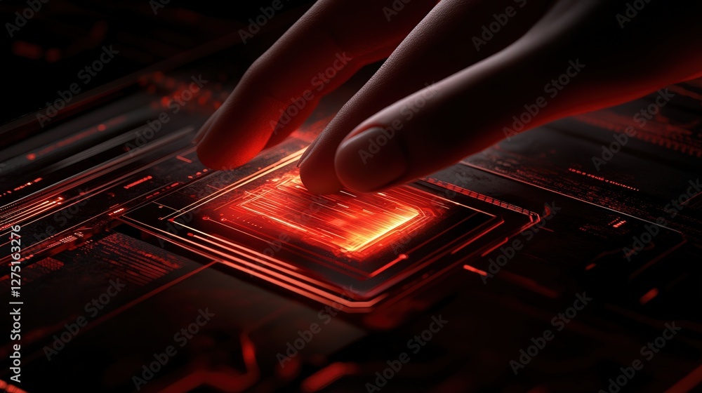 Aufkleber modern cybersecurity visualization with a lock icon being activated by a human hand in a dark tech s
