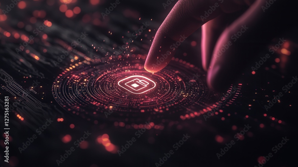 Aufkleber modern cybersecurity visualization with a lock icon being activated by a human hand in a dark tech s