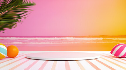 A vibrant beach scene featuring colorful balls, a palm branch, and an empty platform, set against a pink and orange sunset backdrop.