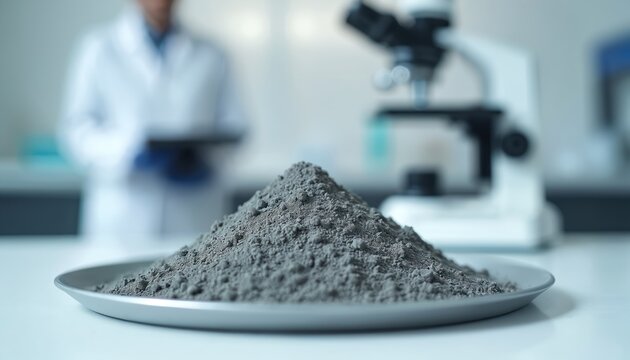 Cement powder sample analysis in lab with microscope. Gray granular concrete material on tray for science research, construction quality control, engineering tests, industrial innovation.