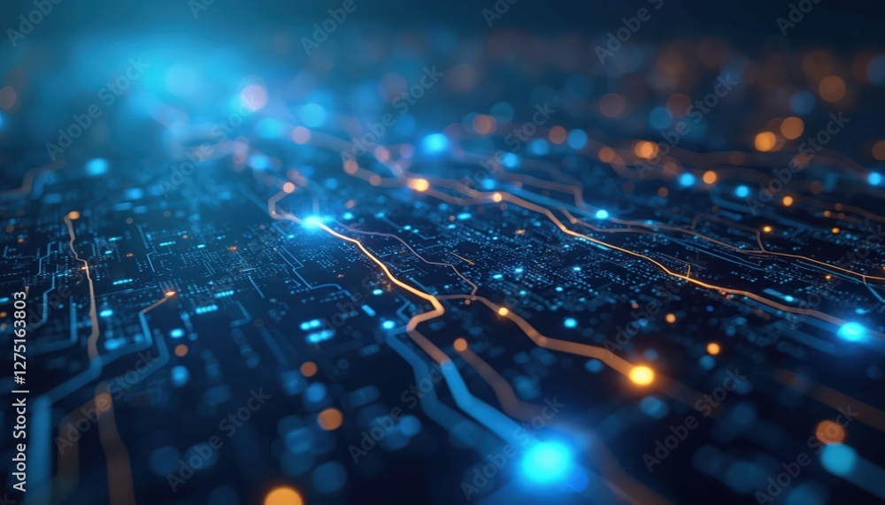 Aufkleber abstract tech circuit board with glowing light, connecting data dots in blue, black colors. big data