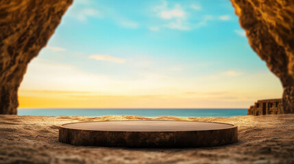 A serene coastal view framed by cave openings, showcasing a circular platform set against a vibrant sunset over the ocean.