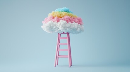 Whimsical cloud ladder installation studio space digital art creative environment colorful viewpoint surreal concept