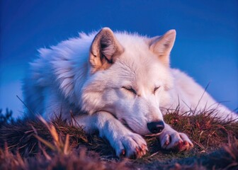 Obraz premium Stunning wildlife photo: a white wolf rests peacefully amidst the browning autumn field.