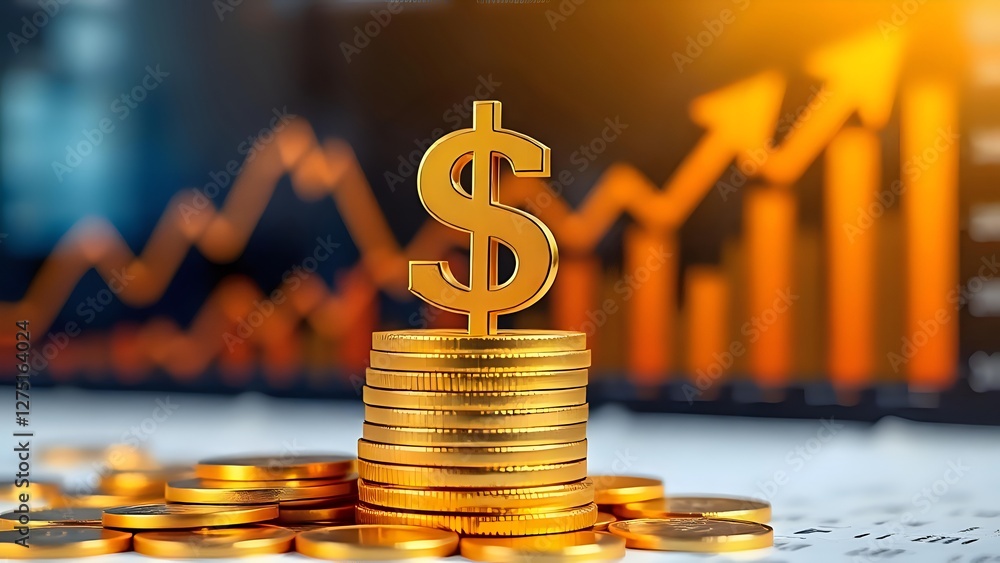 Poster a stack of gold coins topped with a dollar sign, with a rising graph in the background symbolizing f