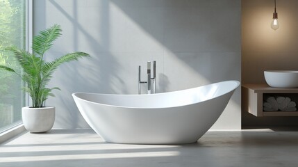 Freestanding bathtub in a minimalist bathroom, showcasing clean contemporary design and serene simplicity.