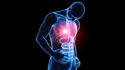 Transparent 3D Model of Human Body Showing Symptoms of Food Poisoning or Gastroenteritis