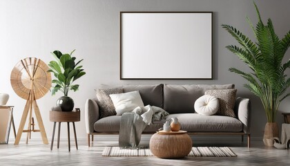 Vibrant Scandinavian Chic Living Room Mockup Modern Artistry and Minimalist Elegance in a 3D Render, Perfect for Home Decor and Digital Art
