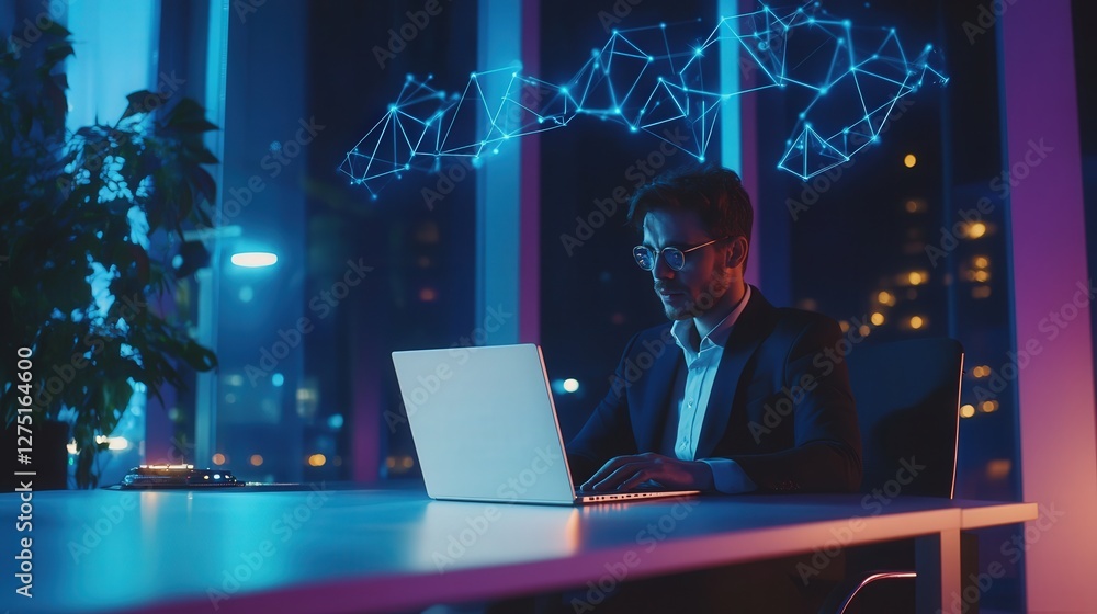 Poster professional typing on a laptop, while smart contract verification and blockchain transactions hover