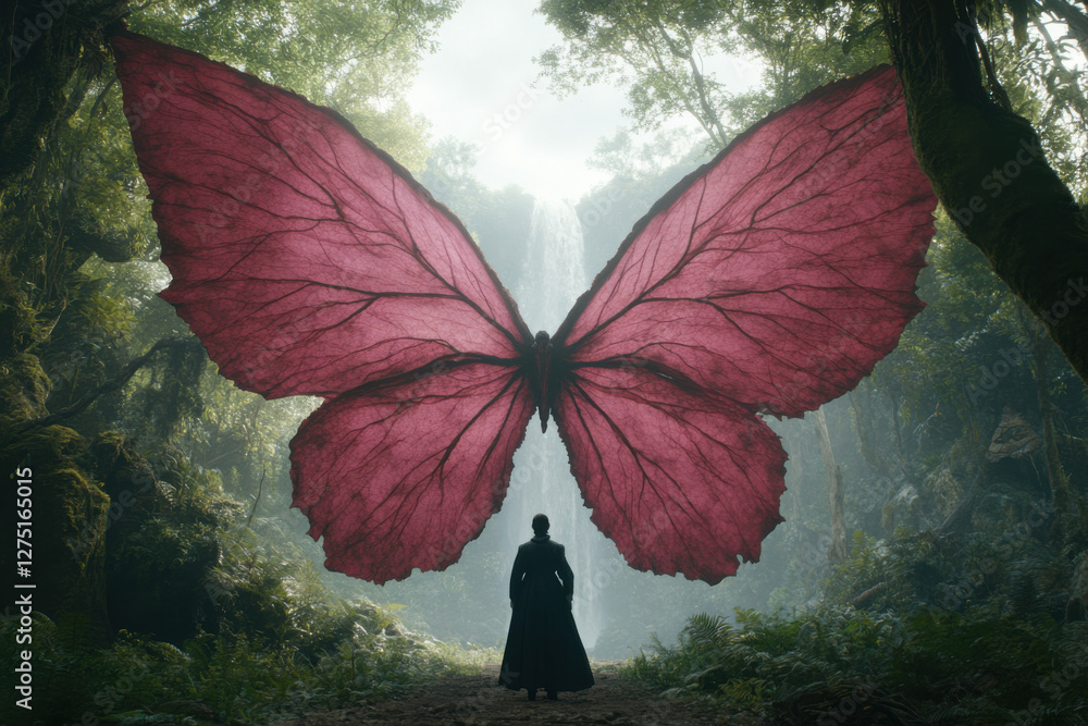 Poster the butterfly is surrounded by trees and a waterfall, creating a serene
