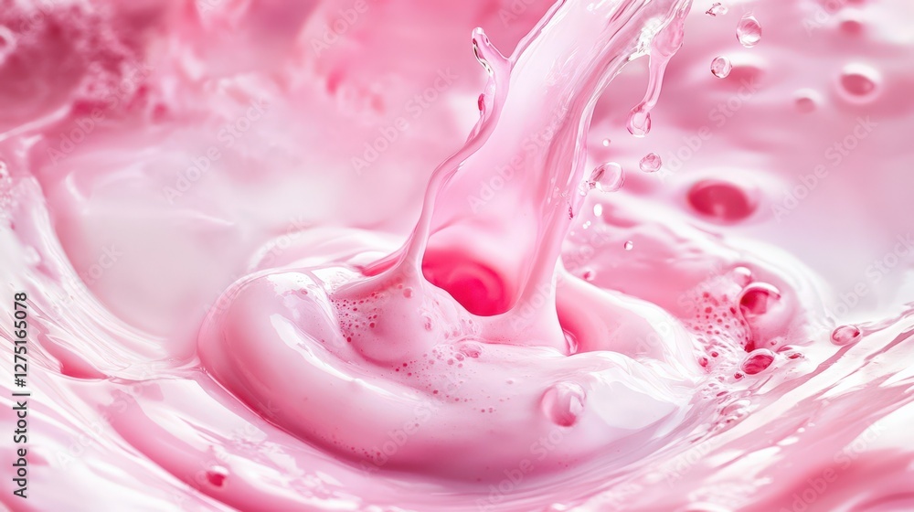 Poster vibrant pink liquid splashing dynamically, creating a smooth texture with droplets in the air