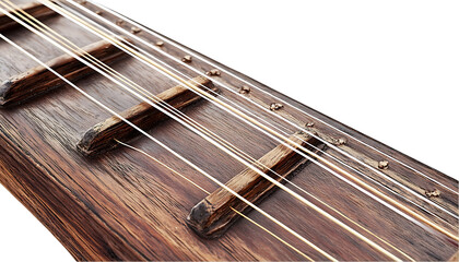 Close-up of wooden zither strings and frets