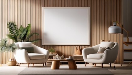 Scandinavian Charm Meets Urban Minimalism A Stunning 3D Render of a Modern Living Room Poster Frame Amidst a Comfortable and Sophisticated Interior Background