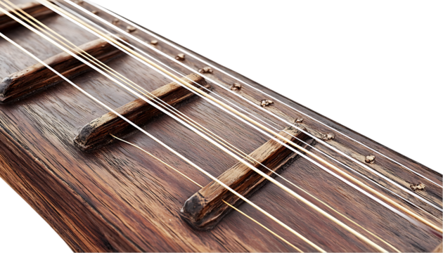 Close-up of wooden zither strings and frets