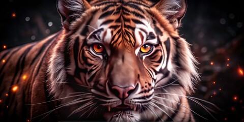 Fototapeta premium Surreal tiger portrait: intense orange eyes blaze against a dark, dreamlike backdrop.