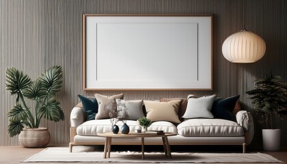 ScandinavianInspired Living Room Interior Showcasing a 3D Rendered Mockup Frame against a Minimalist Backdrop, Radiating Serene Vibes and Modern Charm with its Warm Tones, Textures, and Neutral