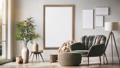 Modern Scandinavian Style Living Room Mockup Poster Frame Set Against a Minimalist Backdrop of a 3D Rendered Interior Background at Twilight, Offering a Serene and Harmonious Ambiance Perfect