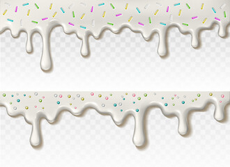 3d realistic vector illustration. Cream sweet glaze melting on a transparent background with colorful sprinkles.